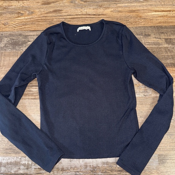 Abercrombie & Fitch Ribbed Long Sleeve Top Black Stretch Fitted Tee Size S - Picture 2 of 7